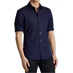 John Varvatos Navy Blue Rolled Sleeve Slim Fit Button-Down Shirt Sz XL